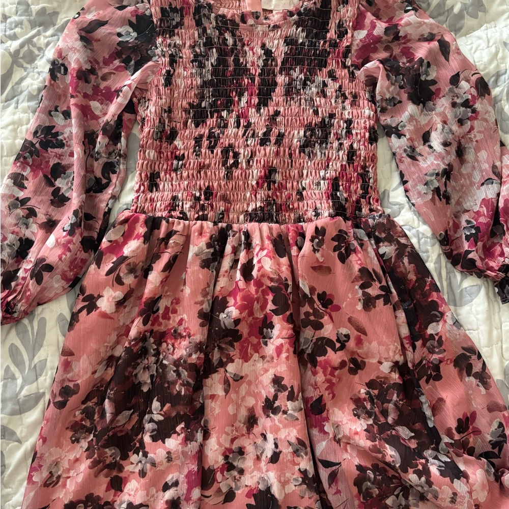 Rachel Parcell Pink and Black Smocked Sundress with Bishop Sleeves